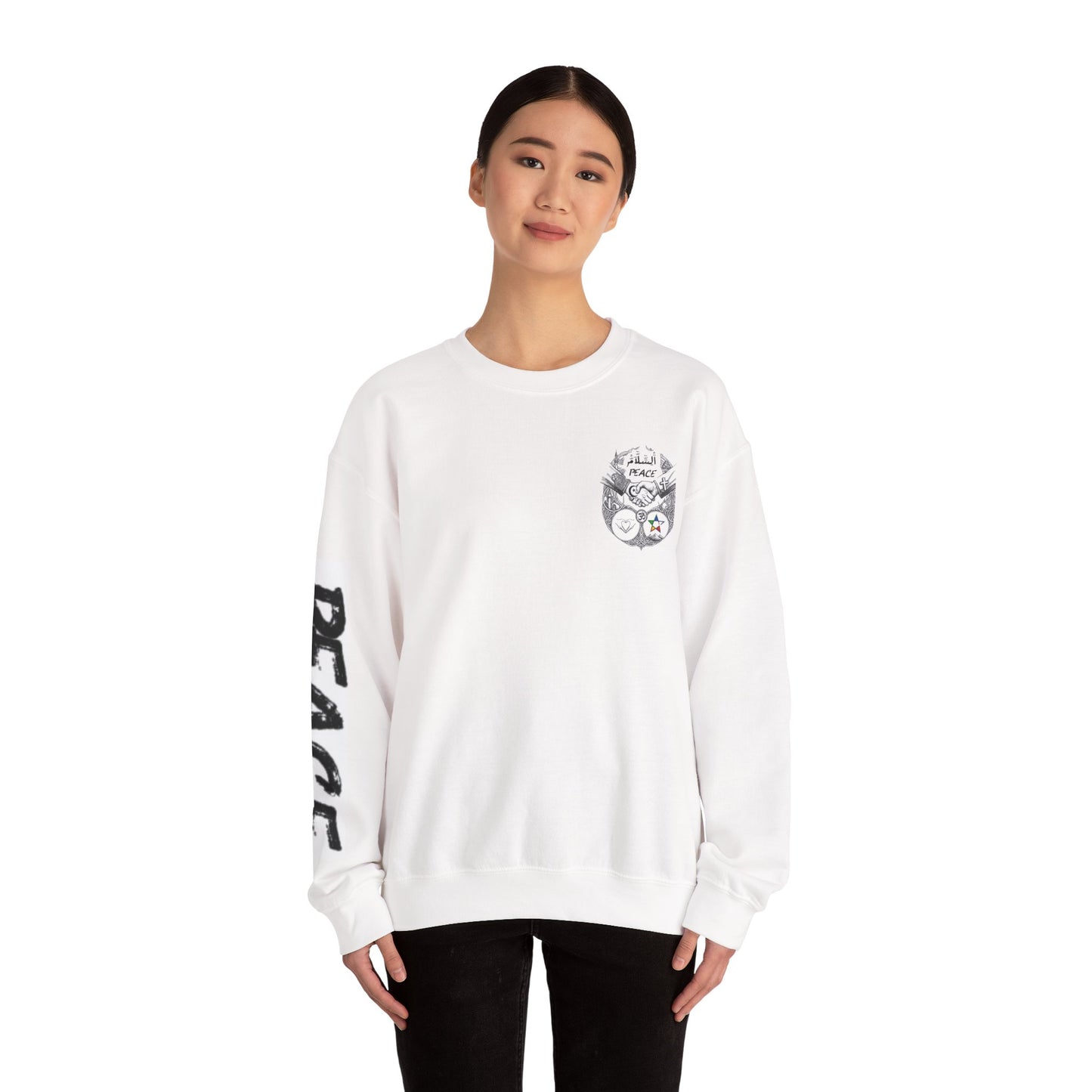 Peace Symbols Crewneck Sweatshirt — Interfaith Handshake Graphic
