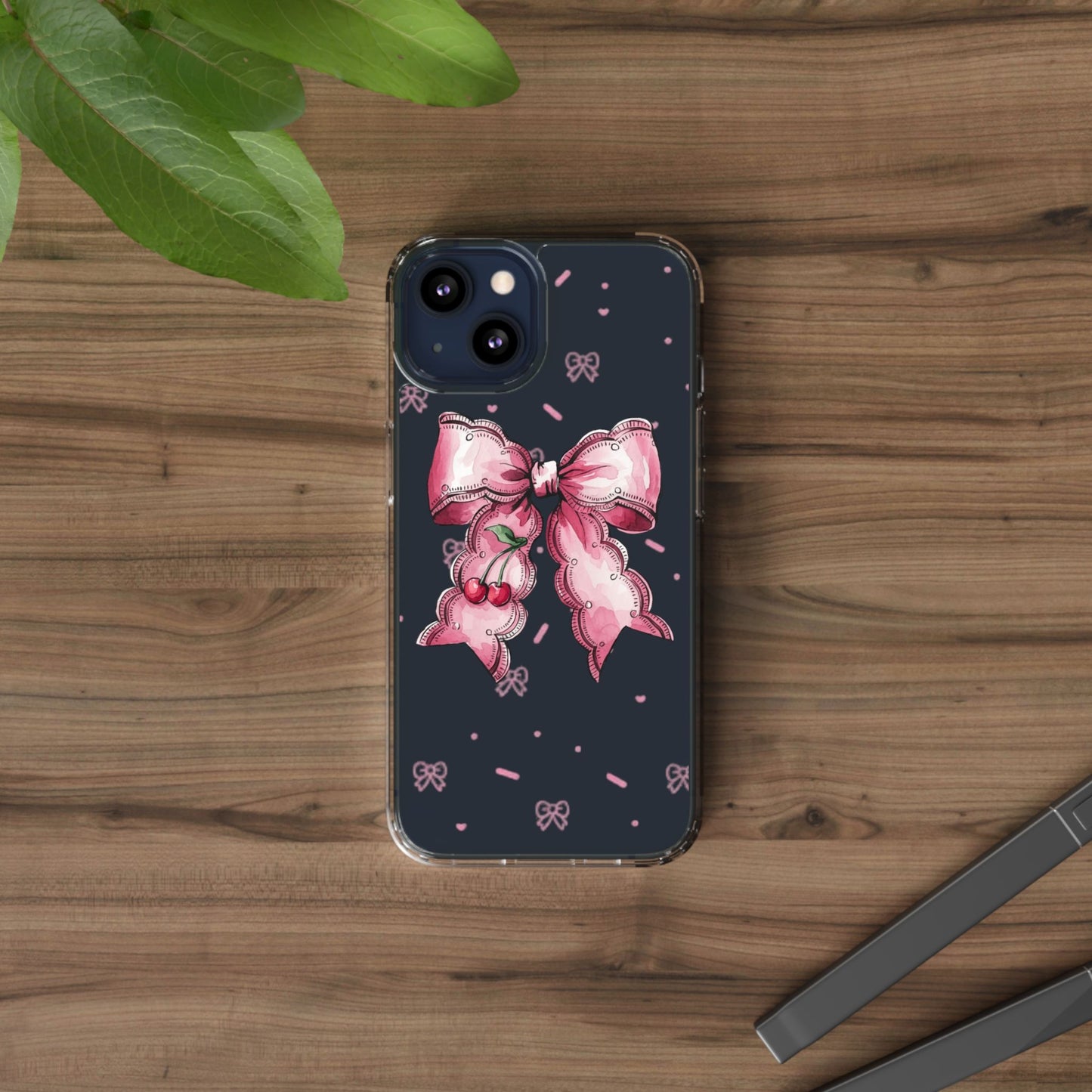 Pink Cherry Bow Clear Phone Case – Cute Kawaii iPhone Cover