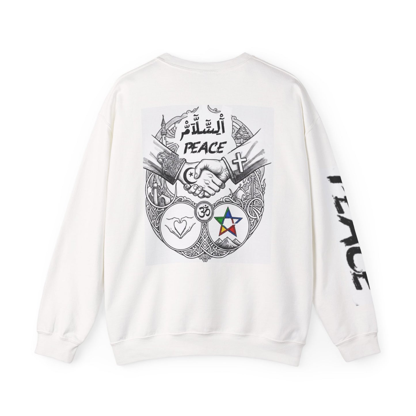 Peace Symbols Crewneck Sweatshirt — Interfaith Handshake Graphic