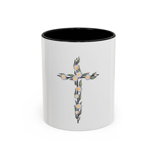 Floral Cross Accent Coffee Mug — Daisy Cross Religious Gift